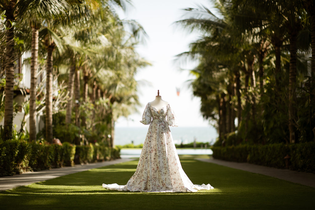 FLORAL ELEGANCE: CUSTOM LONG-SLEEVED BEACH WEDDING DRESS Dream Dresses by PMN