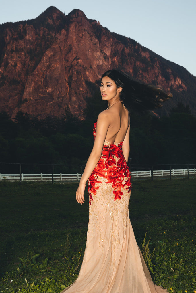 Red Evening Gown with Custom Embroidery (#LILIANE) - Dream Dresses by PMN