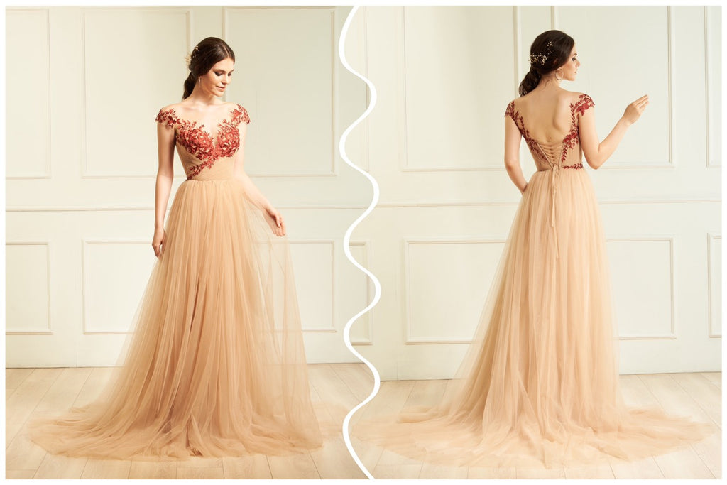 Aida nude wedding gown with red lace - Dream Dresses by PMN