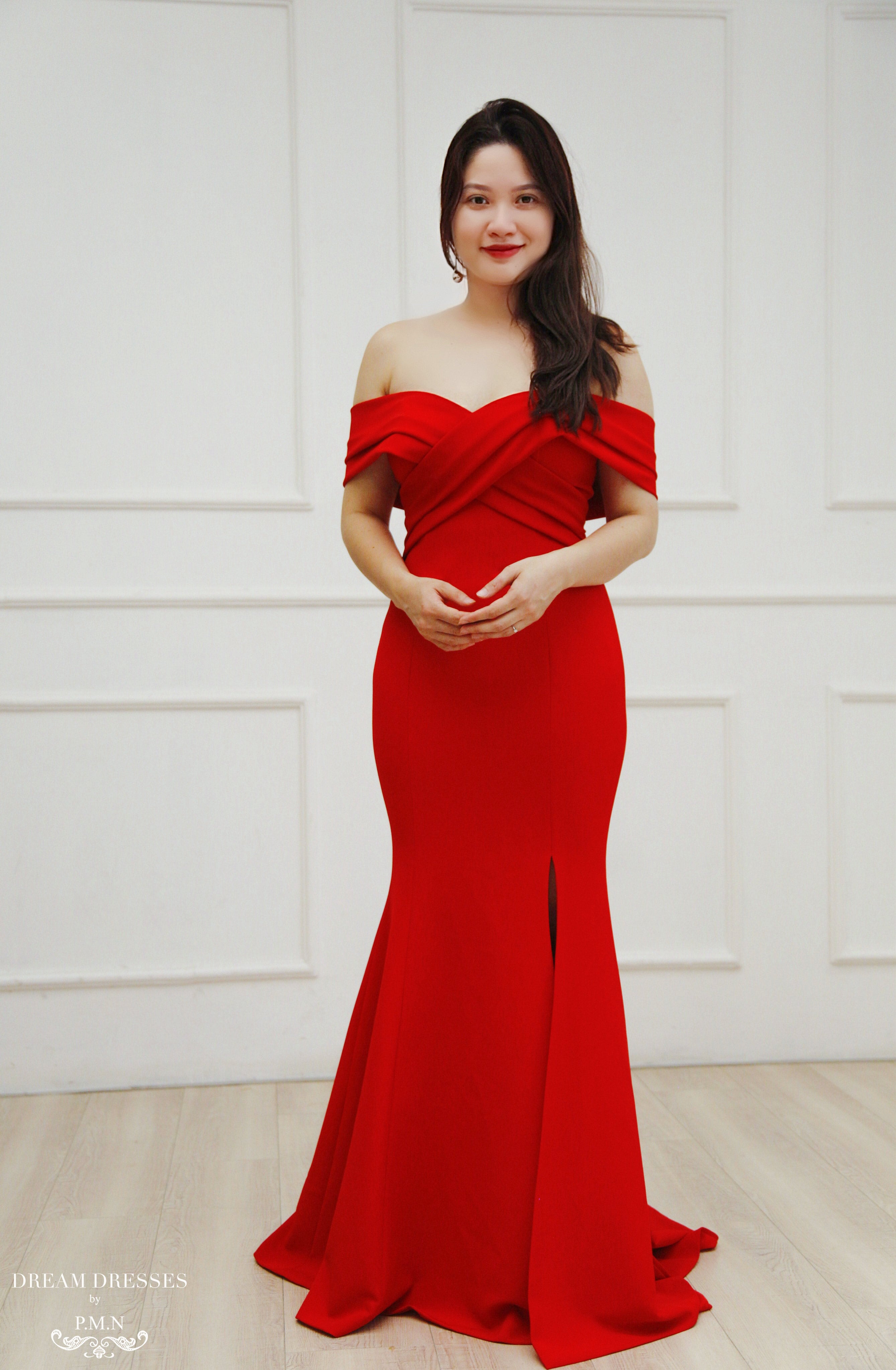 red crepe gown
