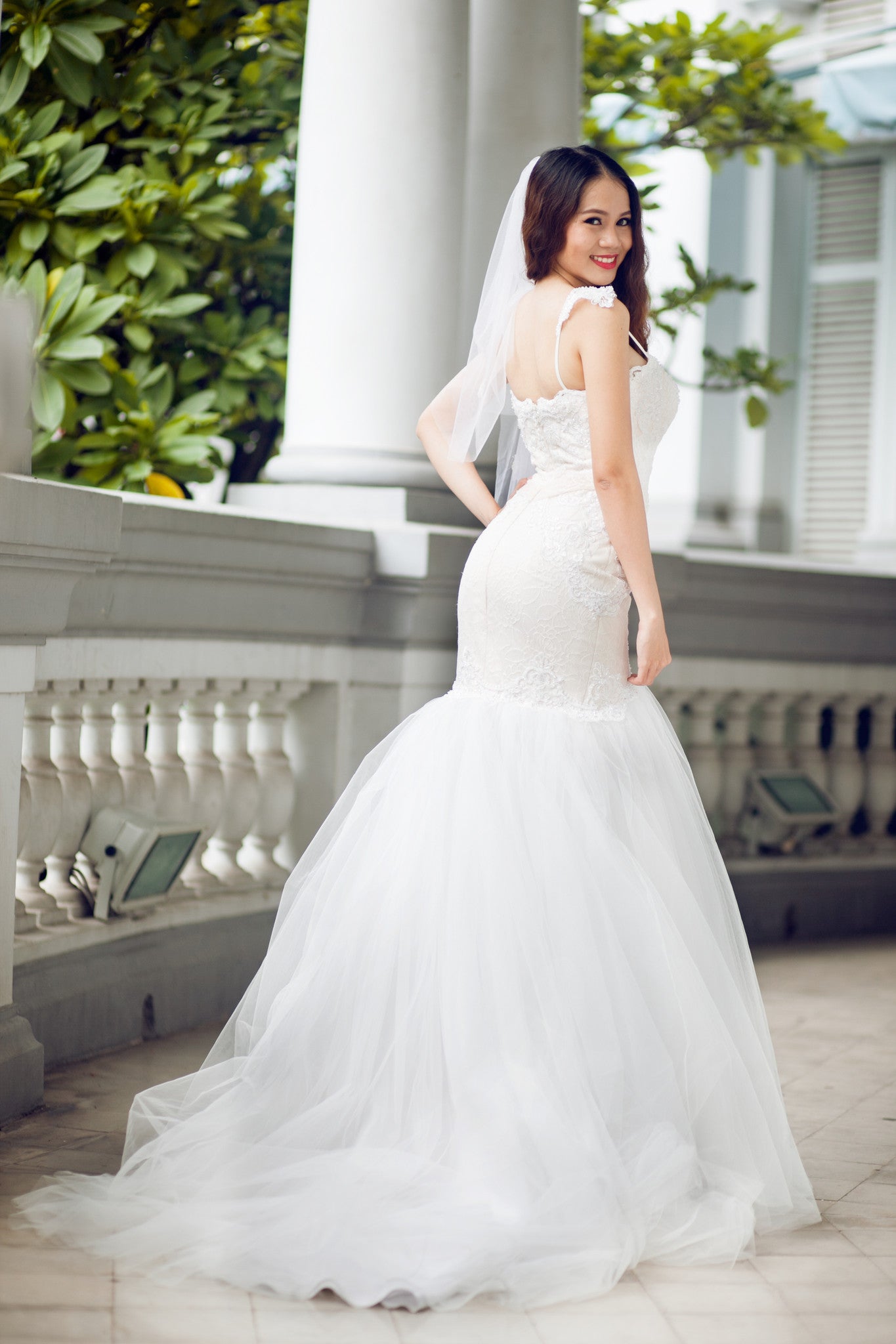 SAMPLE SALE / Lace Trumpet Wedding Gown with Beaded Straps (#PB067