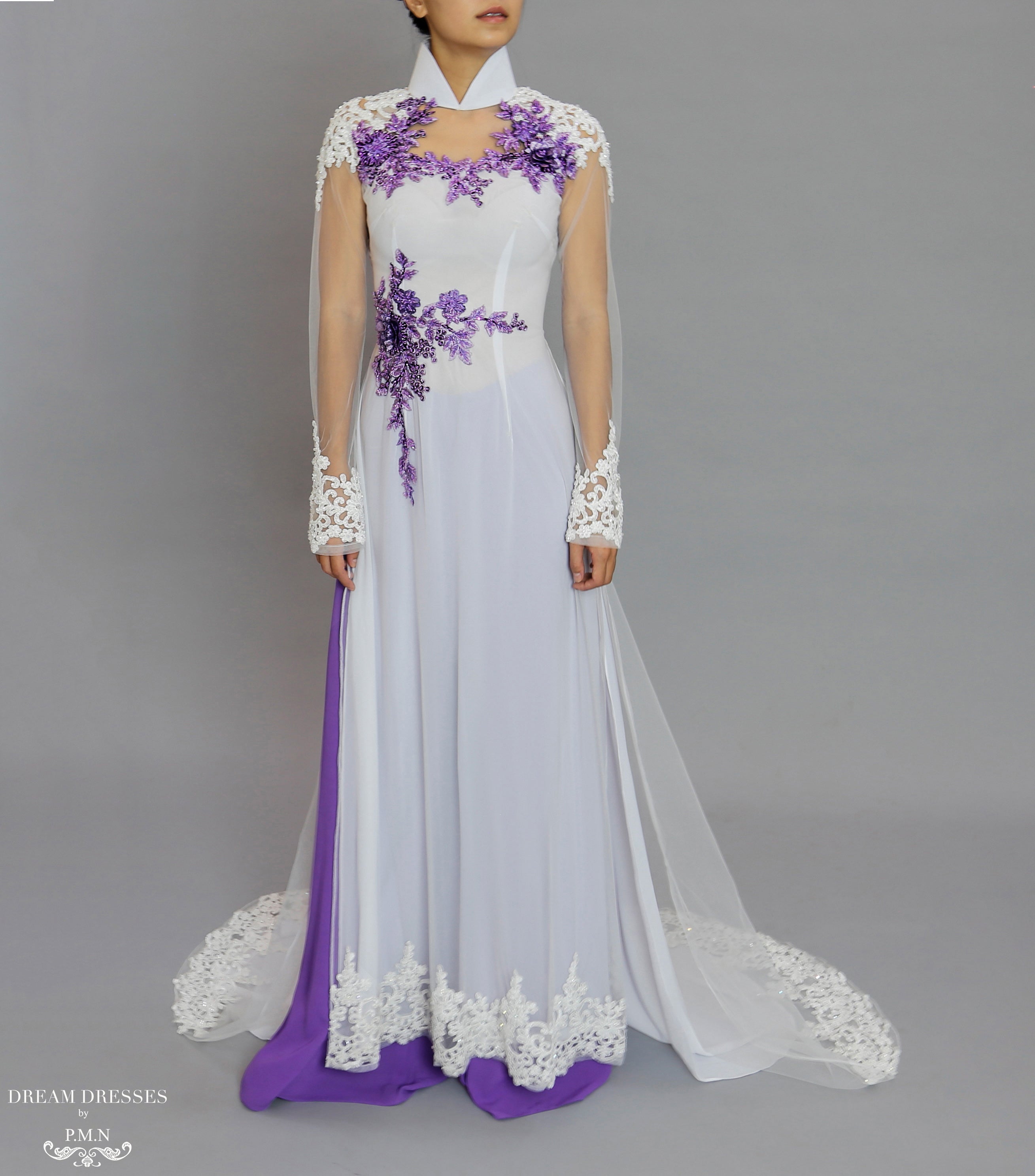white wedding dress with purple lace