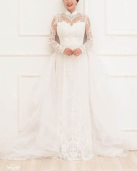 White Bridal Ao Dai | Modern Vietnamese Lace Bridal Dress (#PAIGE ...
