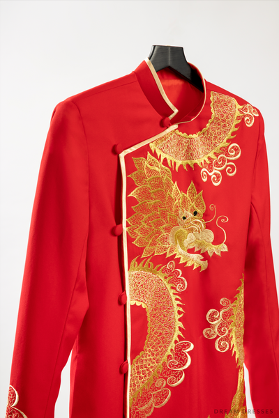 Red and Gold Groom Jacket with Dragon Embroidery | Vietnamese Groom Ao ...