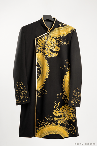 Black Groom Ao Dai Jacket | Hand-Painted Dragon Vietnamese Ao Dai ...