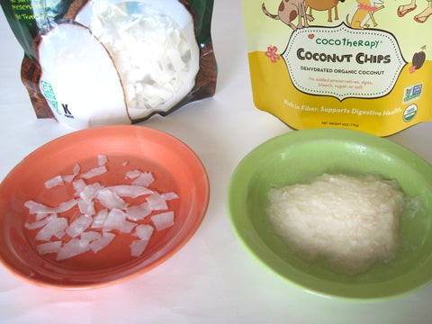 dehydrated organic coconut chips (left) and CocoTherapy Coconut Chips (right)