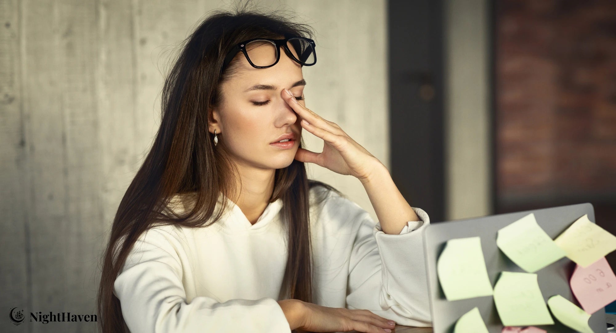 Erschöpfte Frau am Schreibtisch mit Brille auf dem Kopf – mentale Müdigkeit durch Bildschirmarbeit und Schlafmangel
