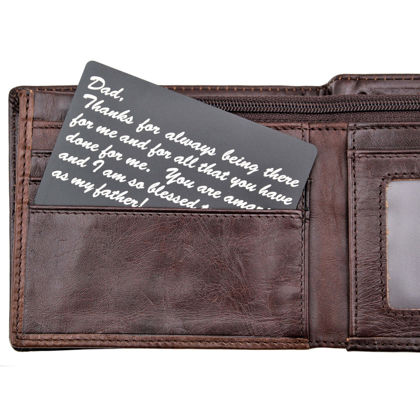 personalized laser engraved aluminum wallet card in a wallet