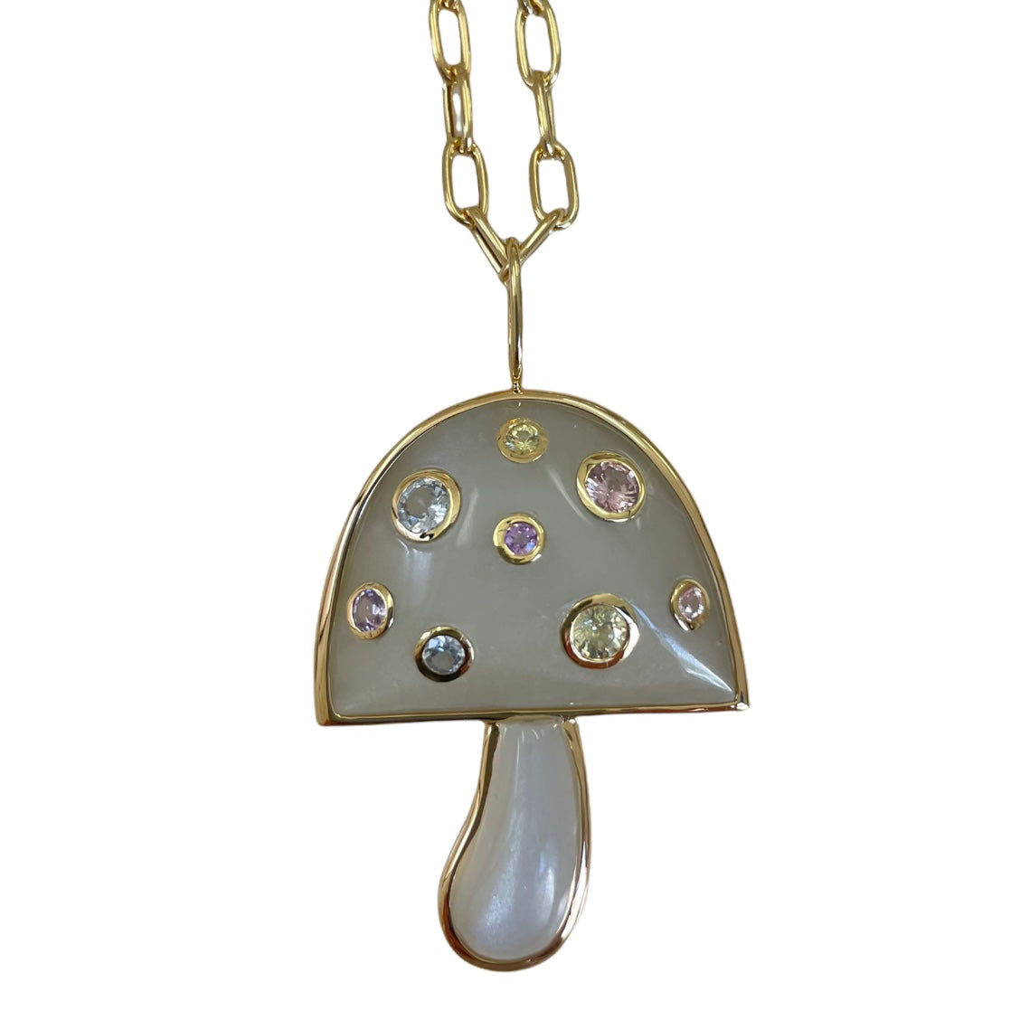 Grey Moonstone Magic Mushroom Pendant w/ Precious Stones on 18" Chain