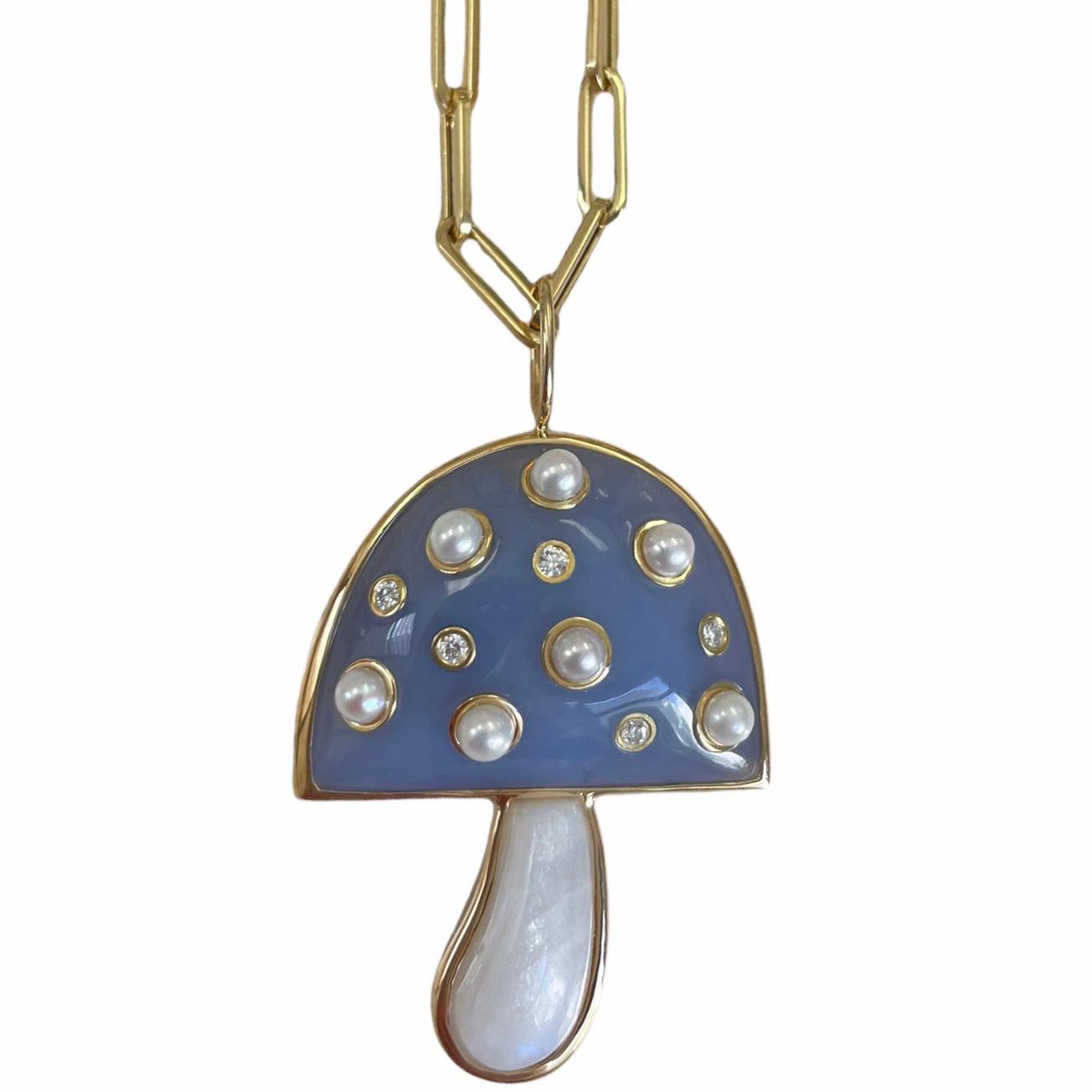 Copy of Blue Chalcedony and Pearl Magic Mushroom Pendant w/ Precious Stones on 18" Chain