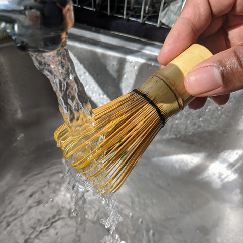 bamboo matcha whisk cleaning under water