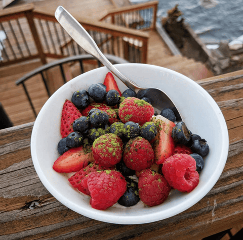 fruit bowl topped with matcha