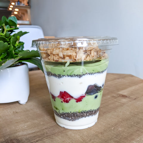 Matcha parfait with fruit, yogurt and granola