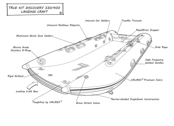 True Kit Discovery showing all the details of the boat including the aluminium transom, landing craft bow design and other fittings