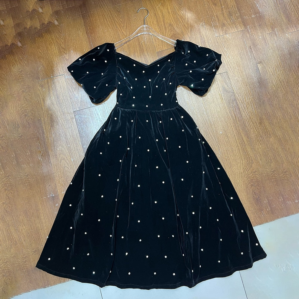 Elegant Square Collar Puff Sleeve High Waist Dress