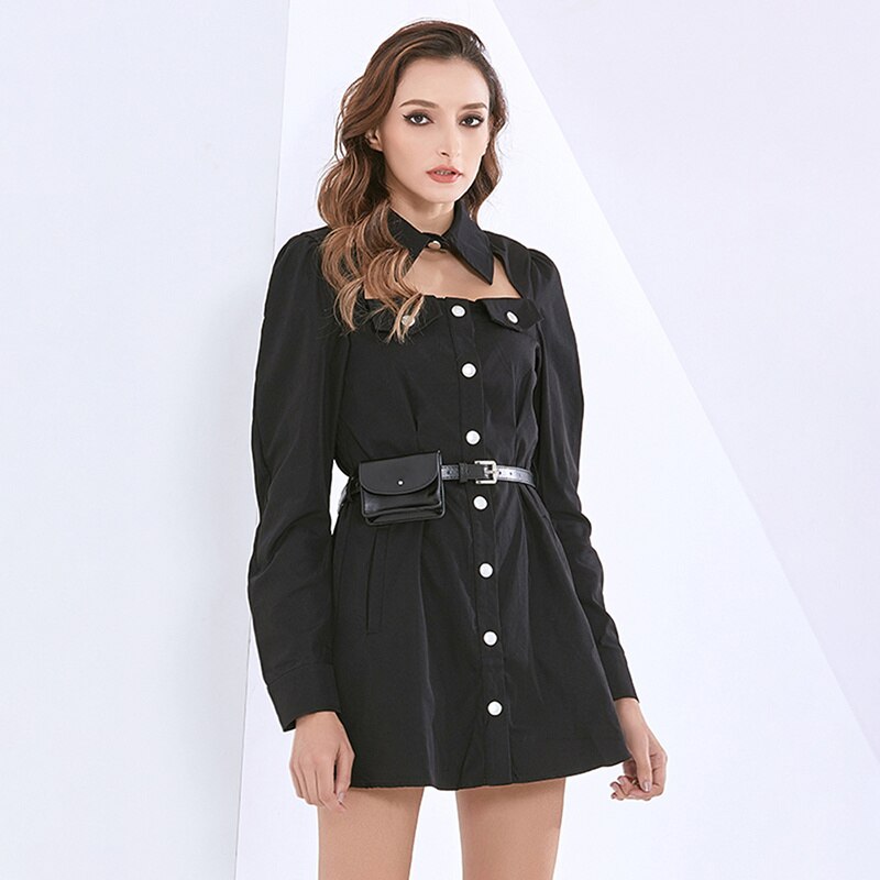 Elegant Hollow Out Long Sleeve High Waist Dress