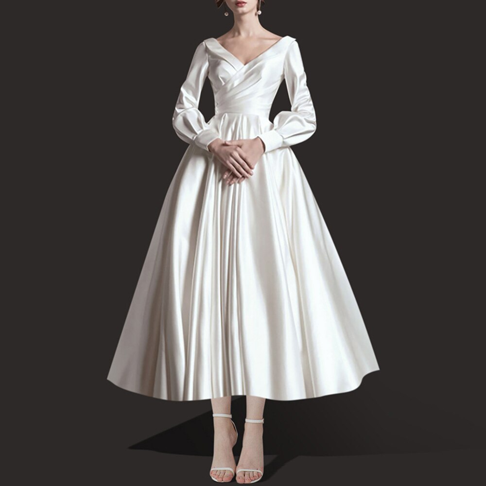 Elegant Vintage V-Neck Long Sleeve High Waist Dress