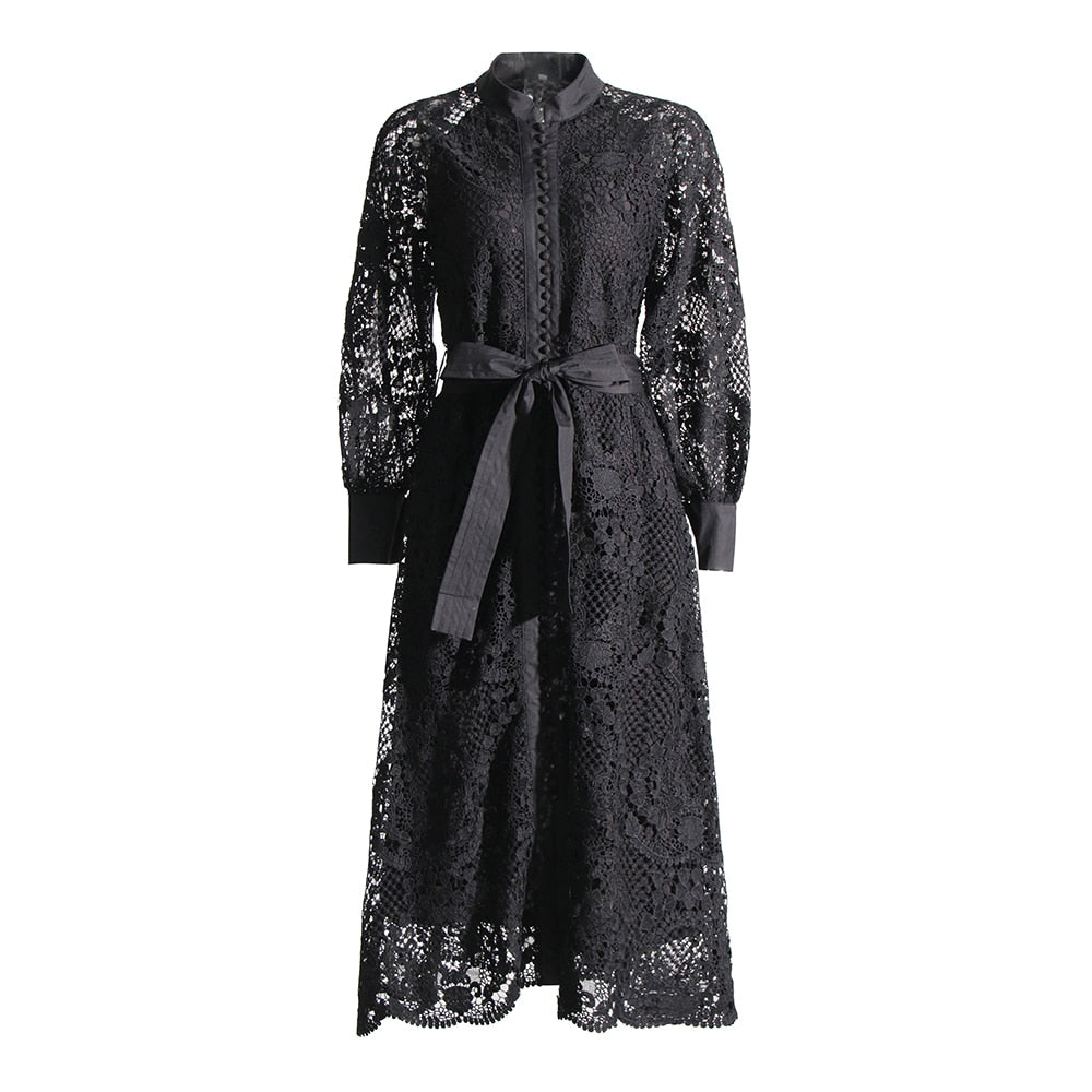 Elegant Patchwork Lace-Up High Waist Dress for Women