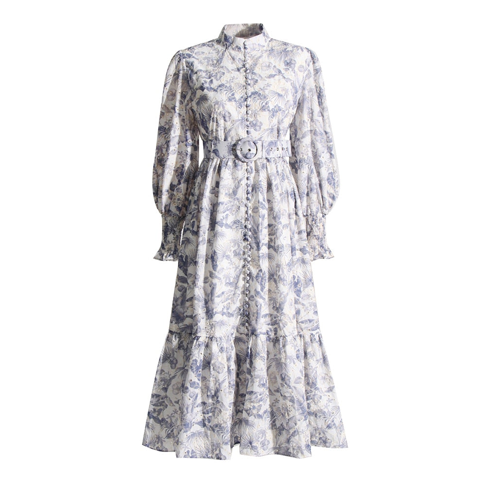 Elegant V-Neck Long Sleeve High Waist Printed Dress