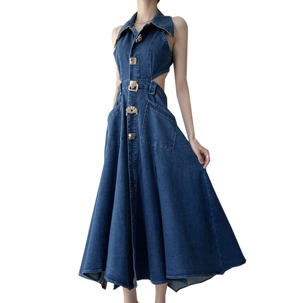 Chic Hollow Out Denim Dress with Pockets for Women
