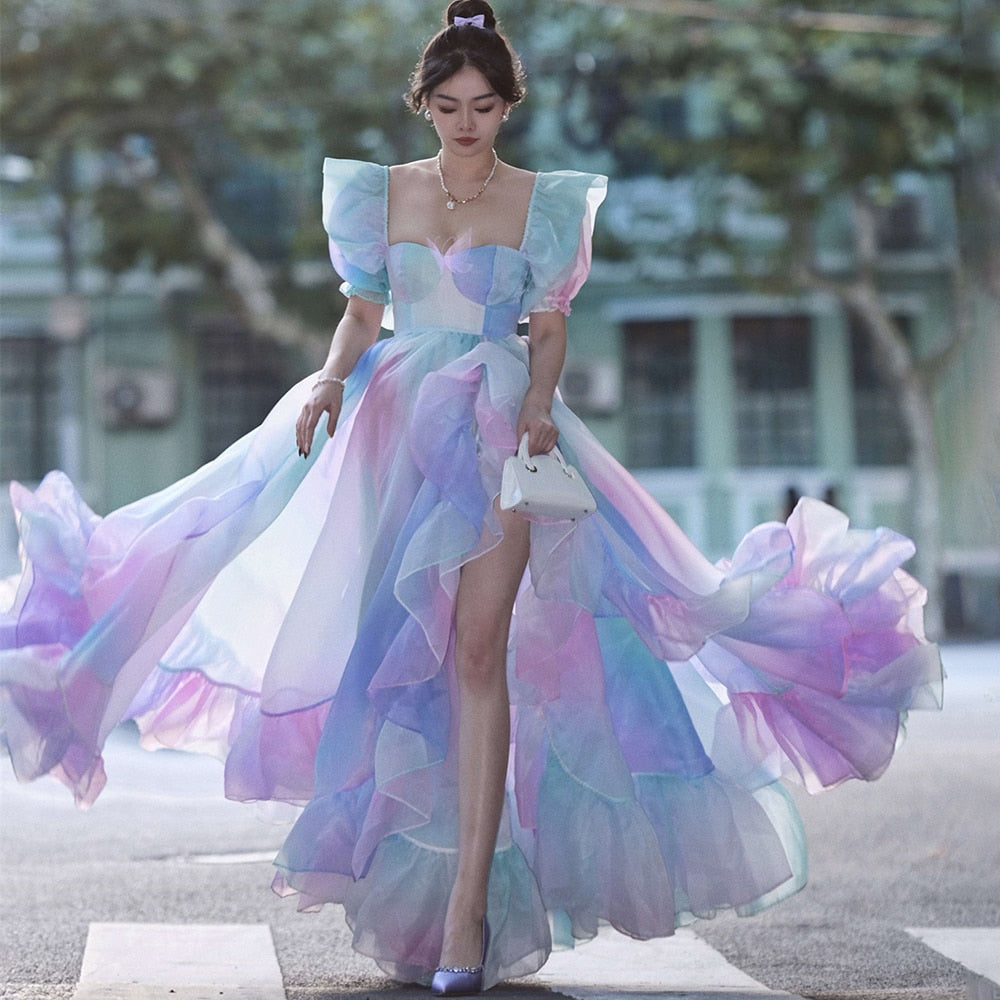 Elegant Puff Sleeve High Waist Ruffle Dress for Women