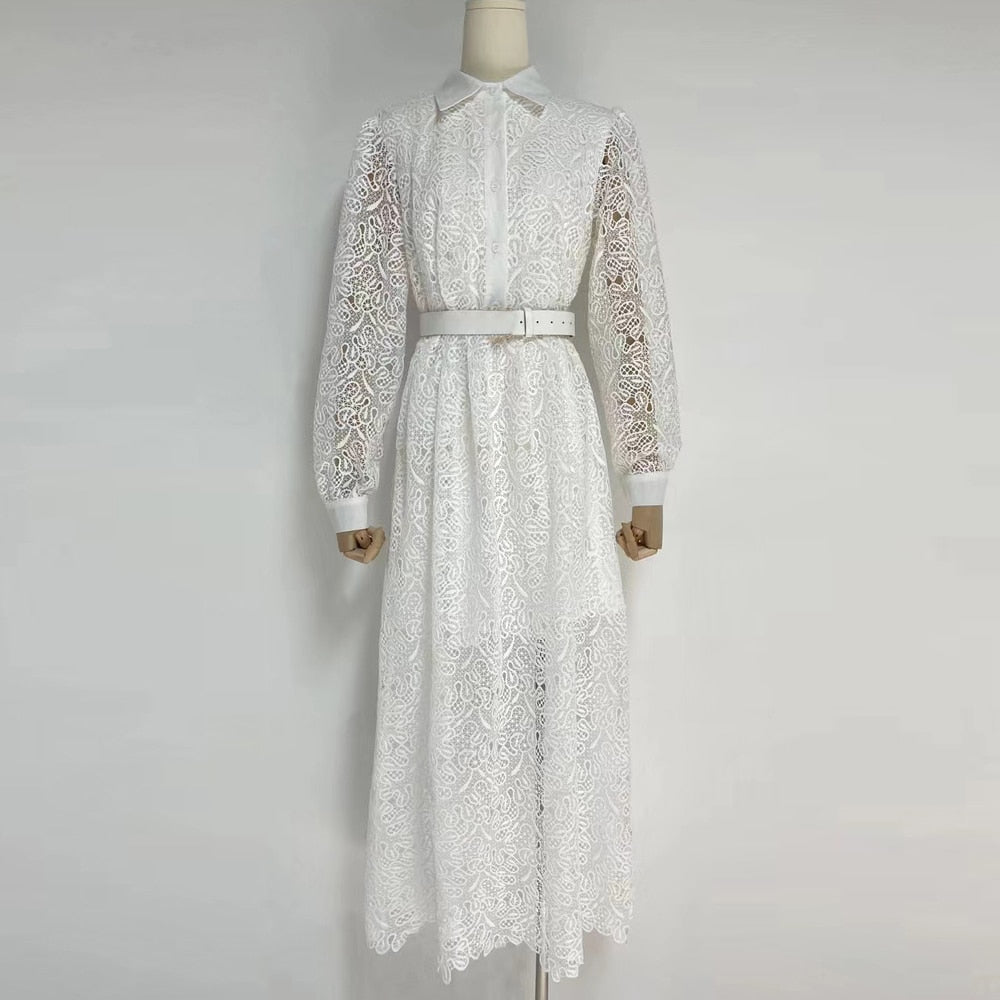 Elegant Vintage Lace Midi Dress with Long Sleeves