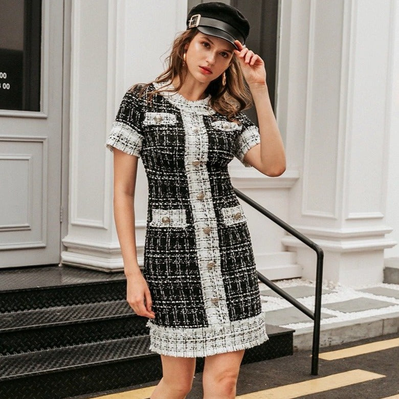 Plaid Stitching Tight Mini Dress with O-neck and Buttons