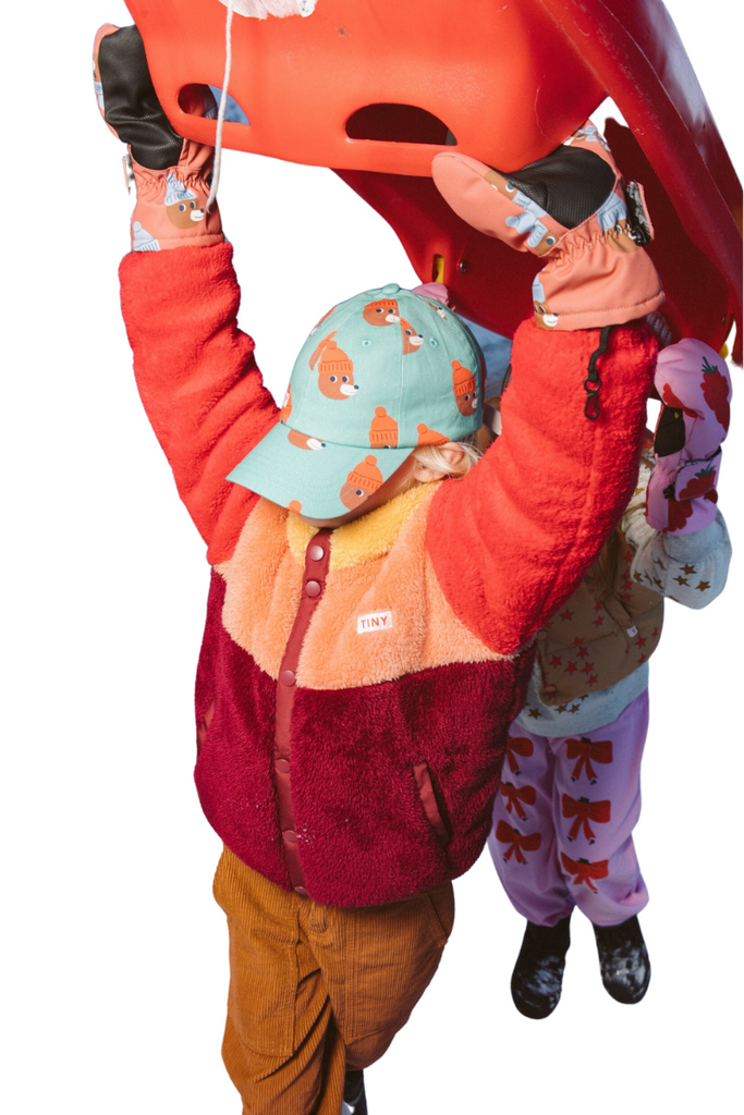 Tinycottons Bear Mittens, Bears Cap, and Color Block Polar Sherpa Jacket at Design Life Kids