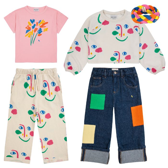Bobo Choses SS24 Smiling Mask Sweatshirt, Smiling Mask Pants, B.C. Color Block Denim Patch Pants, Fireworks T-Shirt, and Multicolor Braided Knitted headband at Design Life Kids