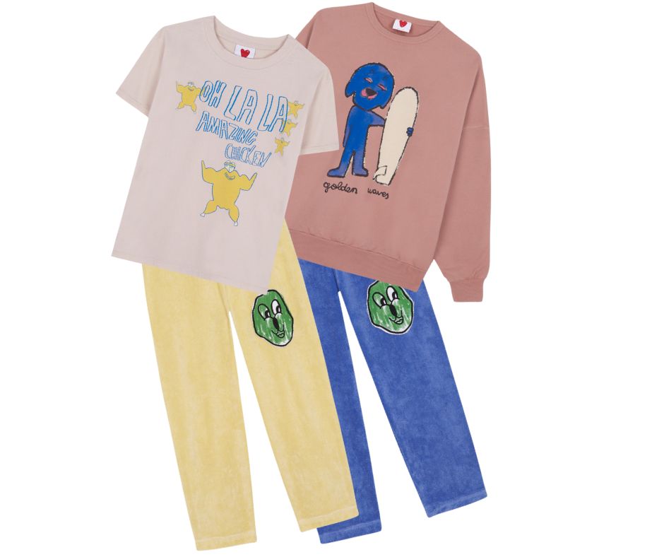 Fresh Dinosaurs SS24 Chicken Tee Shirt, Happy Face Patch Pants (Yellow), Dog Surfer Sweatshirt, and Happy Face Patch Pants (Blue) at Design Life Kids