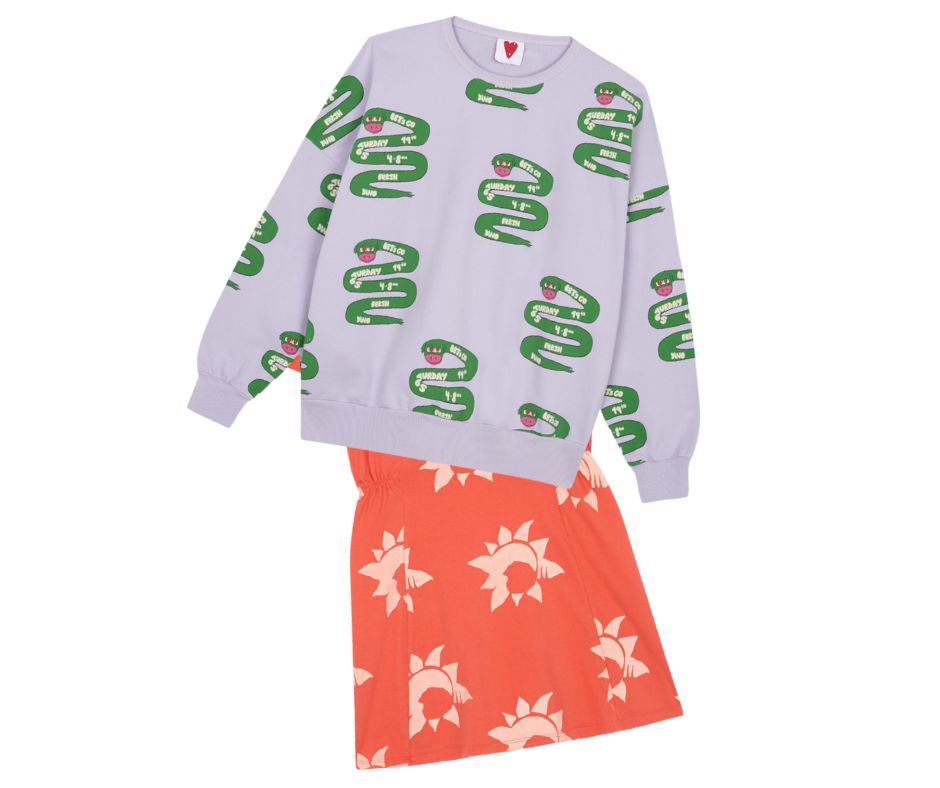Fresh Dinosaurs SS24 Snake All Over Sweatshirt and Sun Dress at Design Life Kids