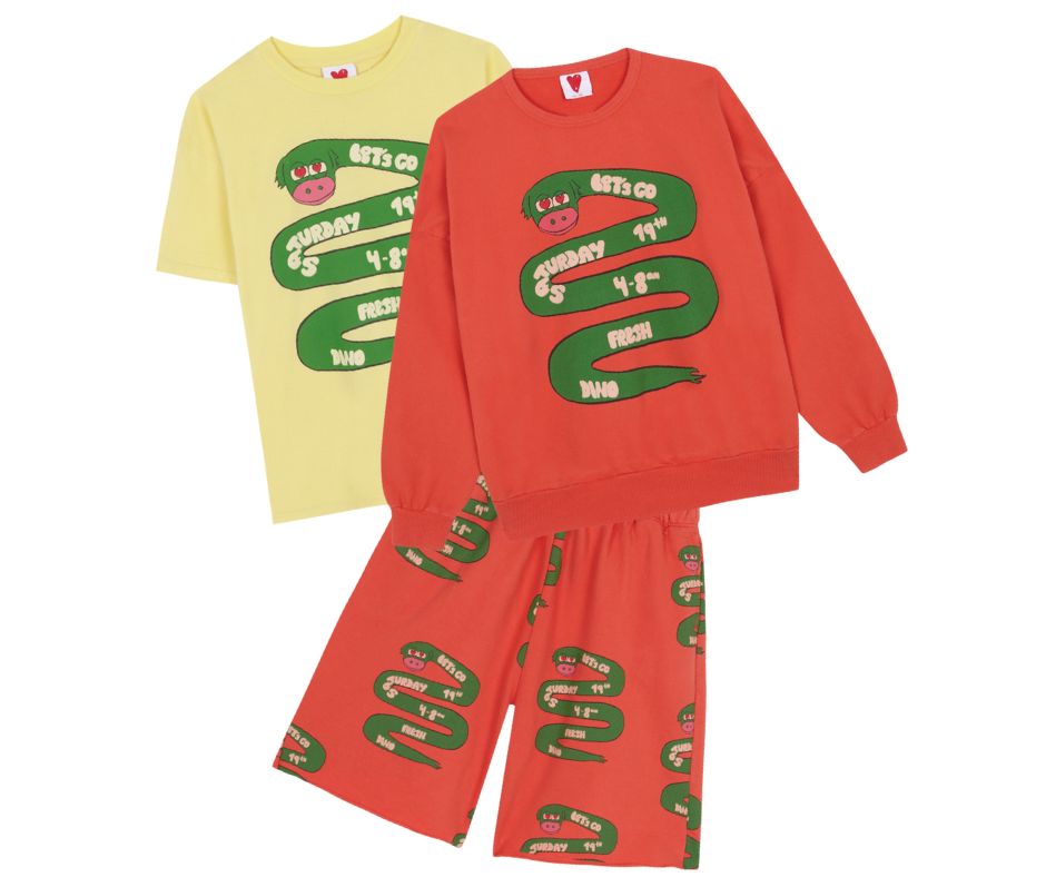 Fresh Dinosaurs SS24 Snake Aurora Tshirt, Snake Sweatshirt, and Snake Shorts at Design Life Kids