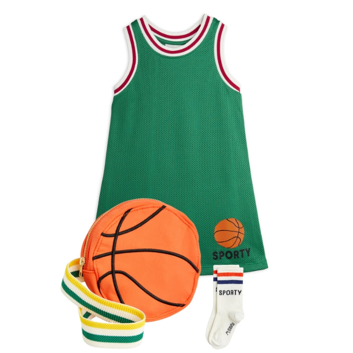 Mini Rodini Basketball Mesh Dress, Basketball Belt Bag, and Sporty Socks at Design Life Kids