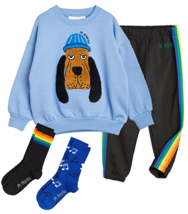 Mini Rodini Bloodhound Chenille Sweatshirt, Rainbow Stripe Sweatpants, Rainbow & Music Socks Set at Design Life Kids