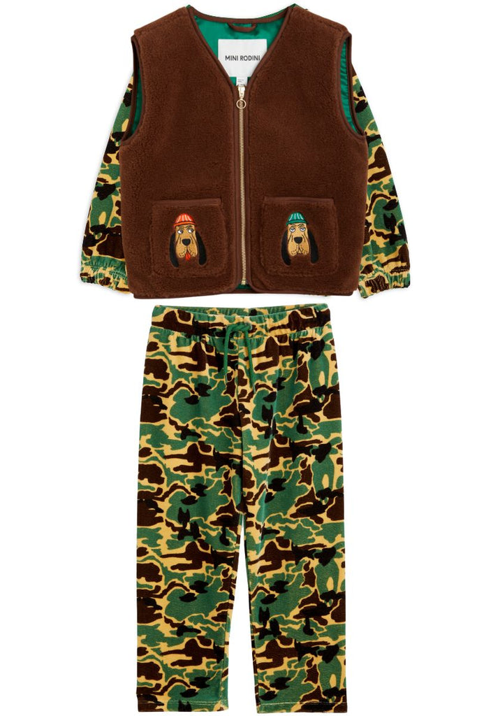 Mini Rodini Bloodhound Faux Fur Vest, Camo Velour Sweatshirt, and Camo Velour Trousers at Design Life Kids