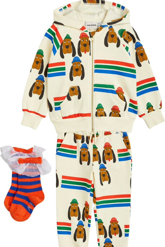 Mini Rodini Bloodhound Zip Hoodie, Bloodhound Stripe Sweatpants, Stripe Frill Socks at Design Life Kids
