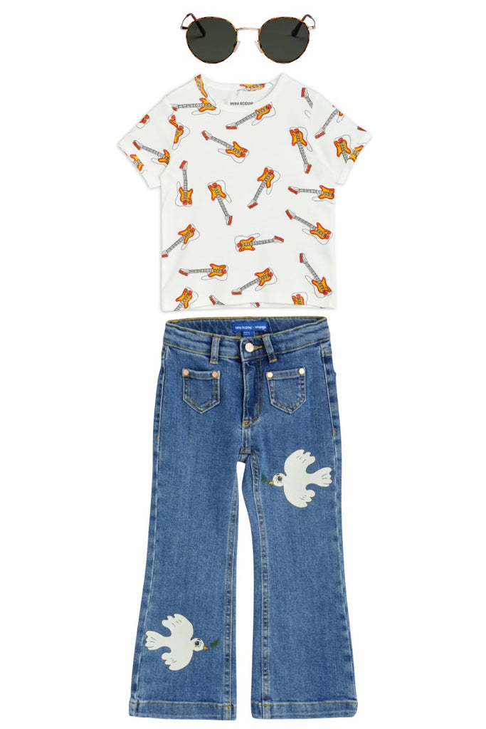 CHPO Liam Recycled Sunglasses, Mini Rodini Guitar Short Sleeve Tee, Wrangler Peace Dove Flared Denim Jeans at Design Life Kids