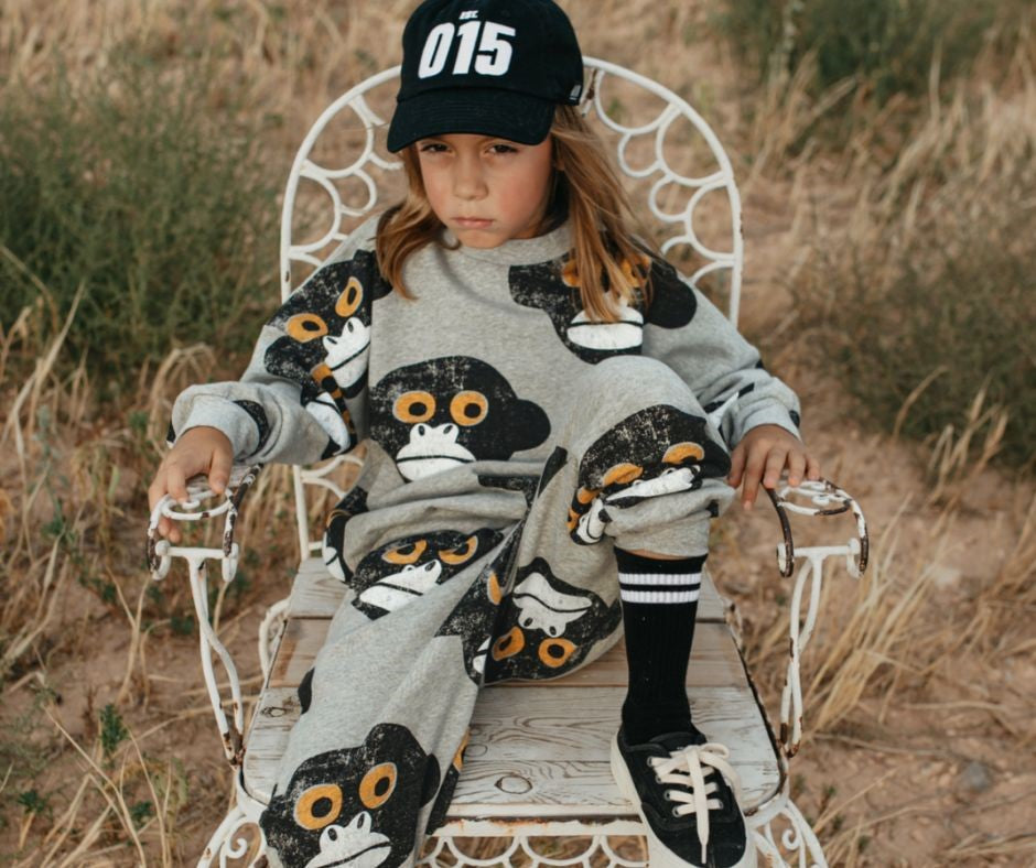Young Boy in Little Man Happy Monkey Sweater and Monkey Sweatpants at Design Life Kids