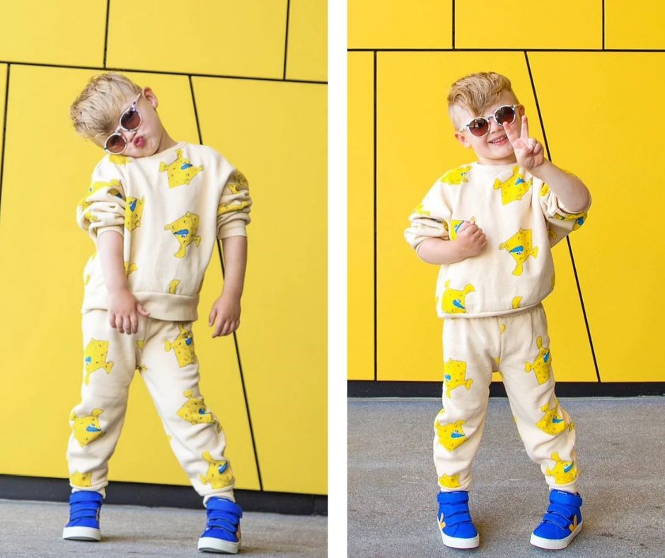 Young boy in Fresh Dinosaurs Cheese All Over Sweatshirt and Cheese Pants at Design Life Kids