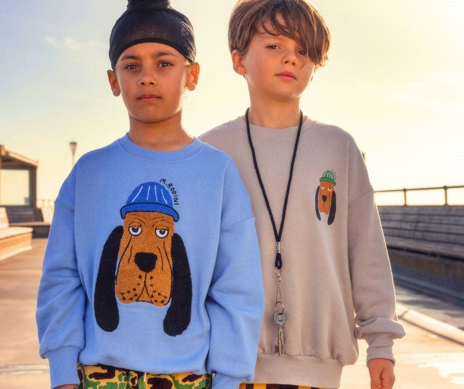 Young boy in Mini Rodini Bloodhound Chenille Sweatshirt at Design Life Kids