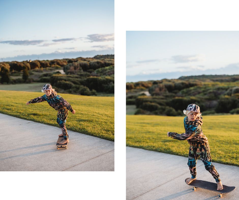 Young boy skateboarding in Munsterkids Scoops Hoody and Coolpool Track Pants at Design Life Kids