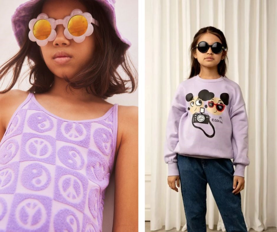 Young girls in Molo Charming Dress and Mini Rodini Ritzratz Sweatshirt at Design Life Kids