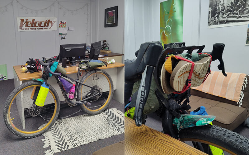 Collage; loaded drop bar bike parked against desk with two monitors, front end detail of sandals strapped to handlebar