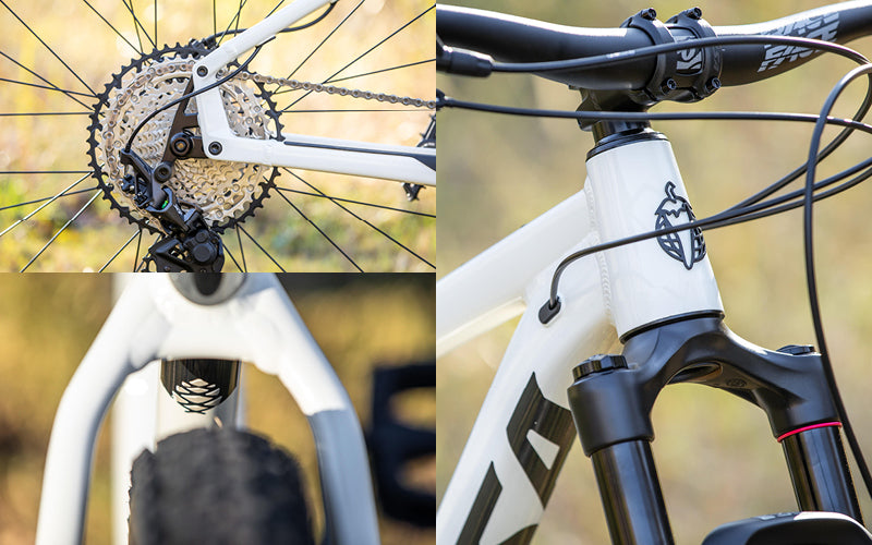 3 images show of a white-colored Salsa Timberjack show the Alternator 2.0 dropouts, cable routing, and tire clearance.