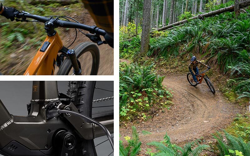 Collage; mountain biker cornering on trail, close-up of bike charging, close-up of bike on ride
