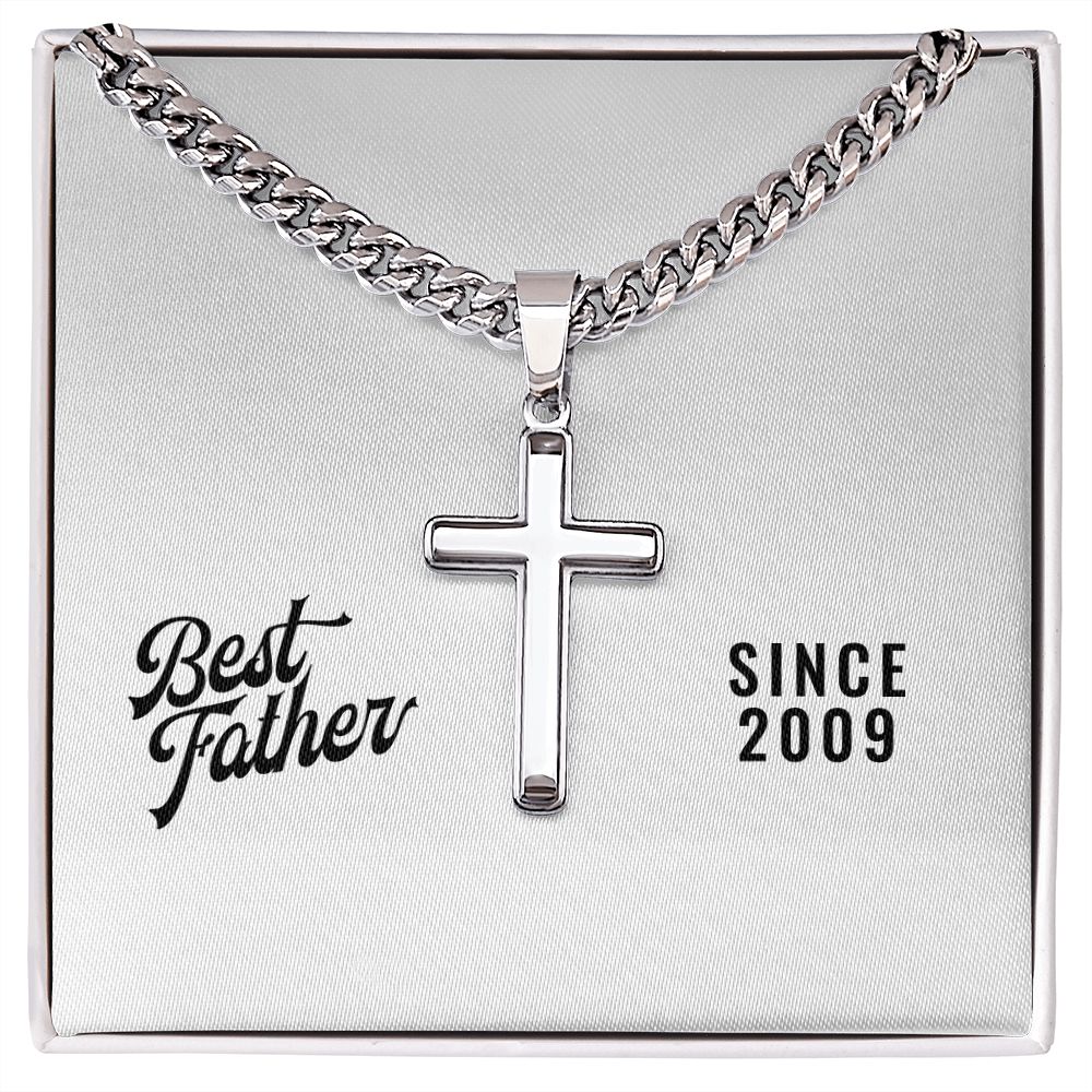 Best Father Since 2009 - Stainless Steel Cuban Link Chain Cross Necklace