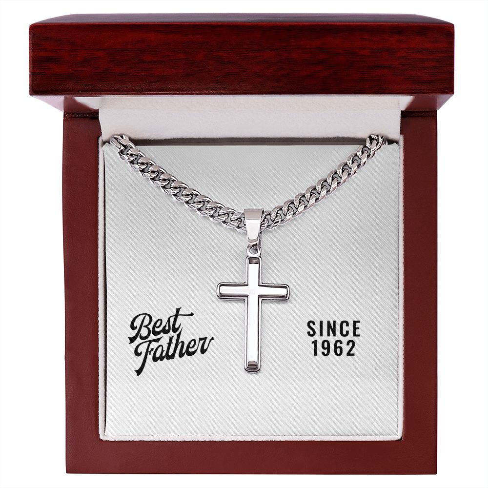 Best Father Since 1962 - Stainless Steel Cuban Link Chain Cross Necklace With Mahogany Style Luxury 