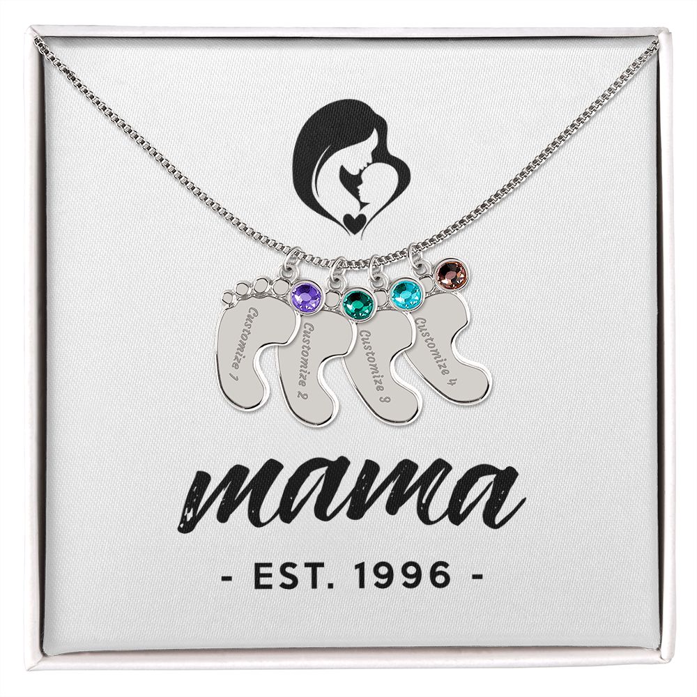 Mama, Est. 1996 - Personalized Baby Feet Necklace With Birthston