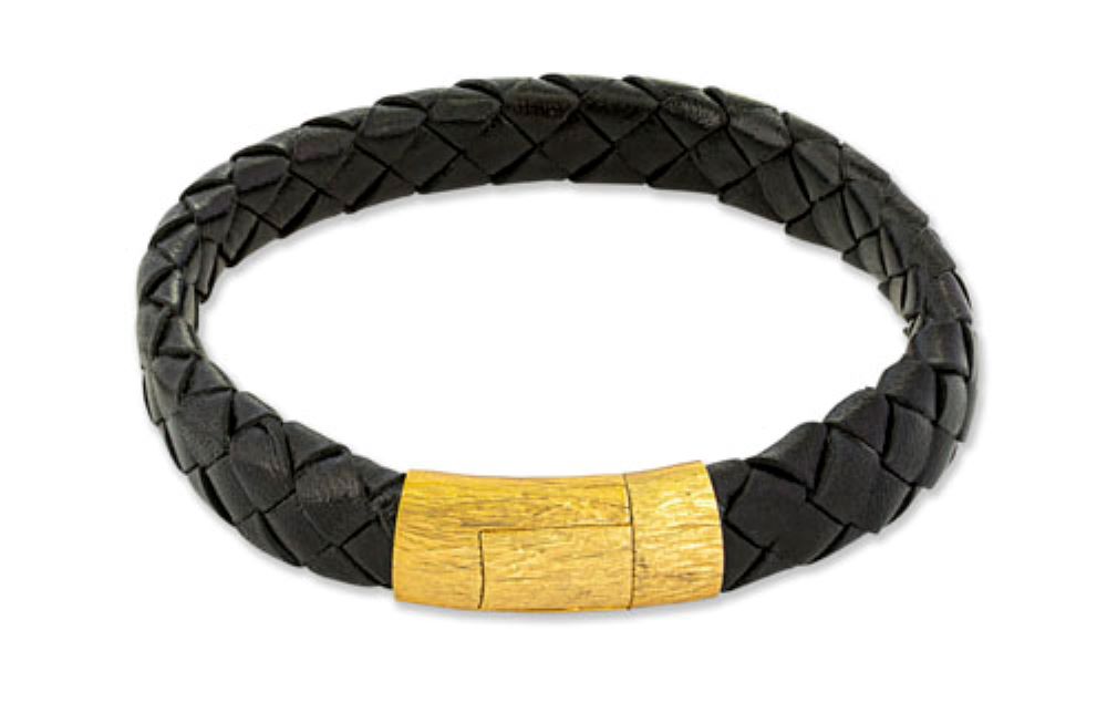 Black Yellow Gold Plated Leather Graffiato Bracelet