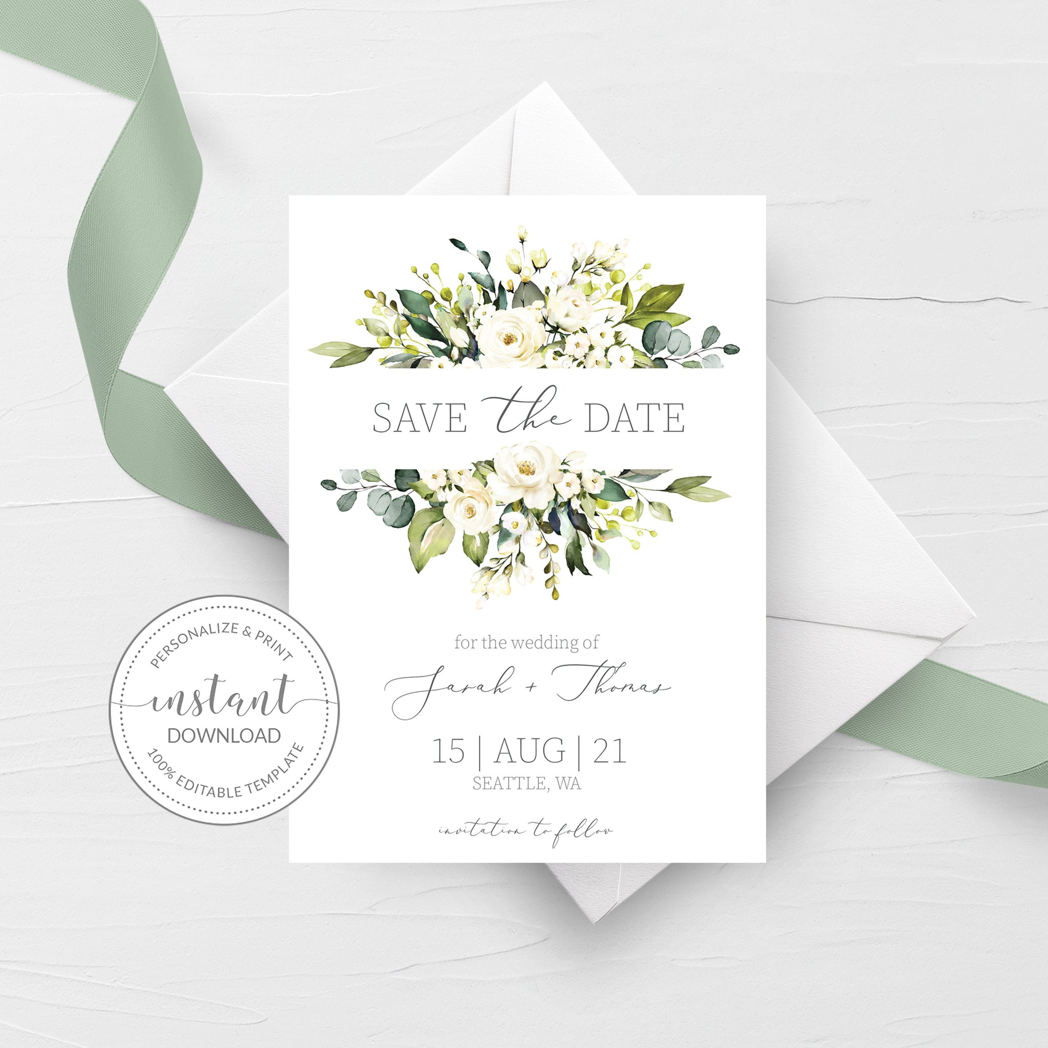 White Floral Greenery Save The Date Card Template Printable Wedding E Plumpolkadot